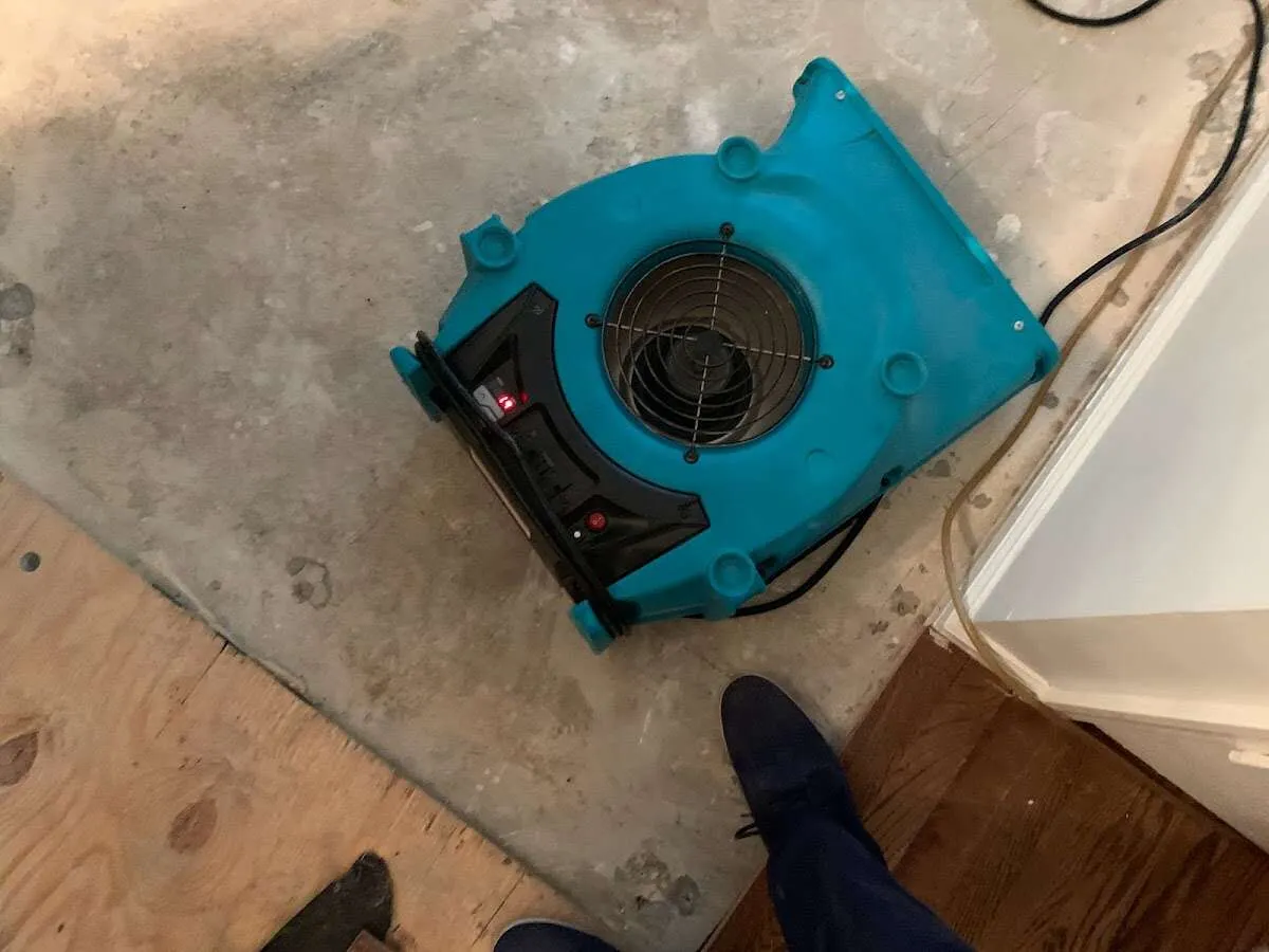 Air mover drying subfloor during Commercial Water Damage Restoration in Spring Creek